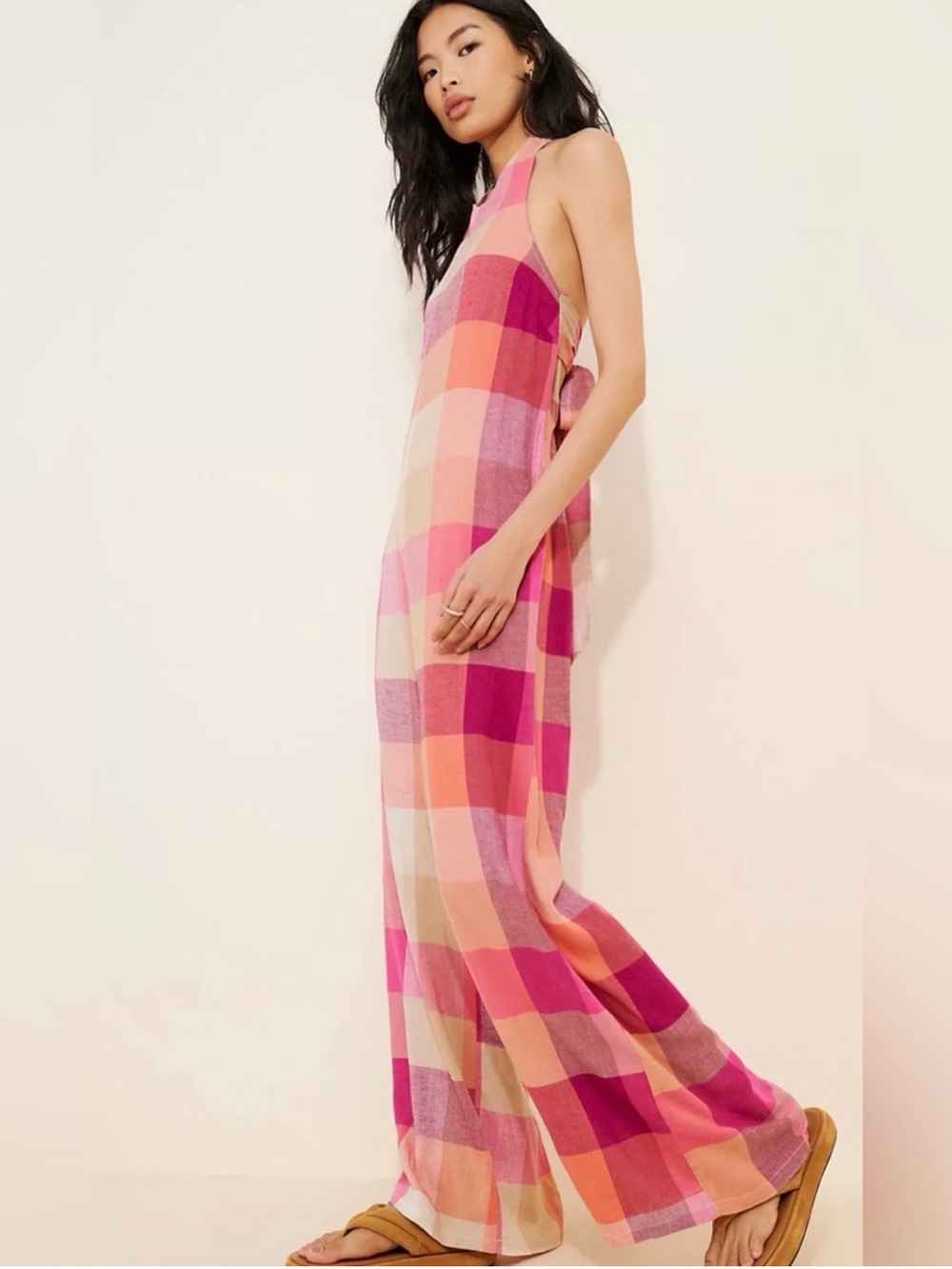 Free People Native Youth Pink Plaid Halter Wide Leg Jumpsuit Small